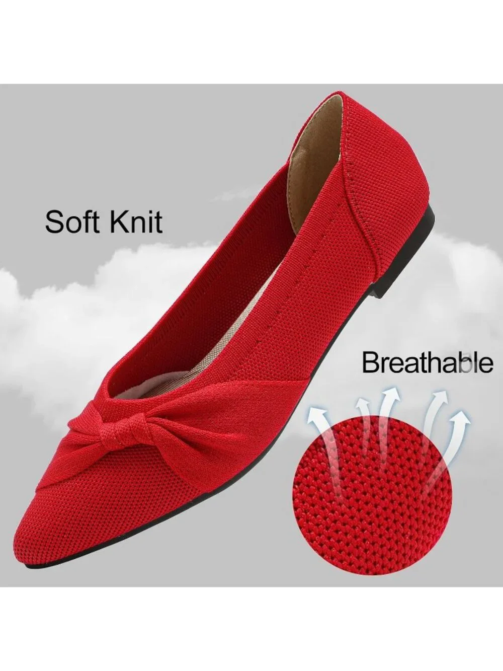 Women's Red Knit Comfortable Ballet Flats Pointed Toe Lightweight Casual Shoes